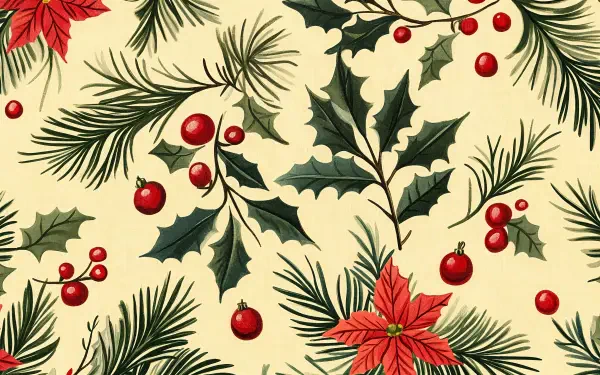Holiday-inspired pattern featuring red poinsettias, holly leaves, and berries on a soft yellow background, designed as a 4K Ultra HD desktop wallpaper.
