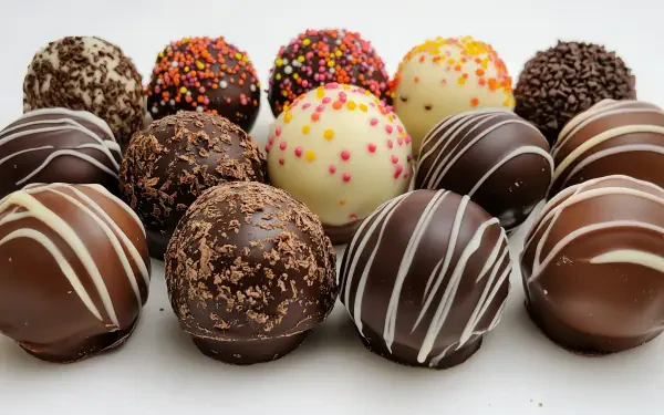 A variety of chocolate truffles in a beautiful arrangement, featuring dark, milk, and white chocolate, adorned with sprinkles and drizzles, set as a 4K Ultra HD desktop wallpaper.