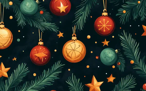 A festive holiday pattern featuring colorful ornaments and stars against a dark background, designed as a 4K Ultra HD PC desktop wallpaper and background.