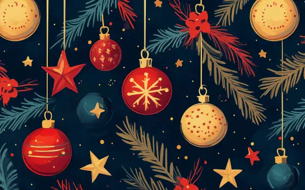 A festive holiday pattern featuring colorful ornaments, stars, and foliage on a dark background, designed as a 4K Ultra HD PC desktop wallpaper and background.