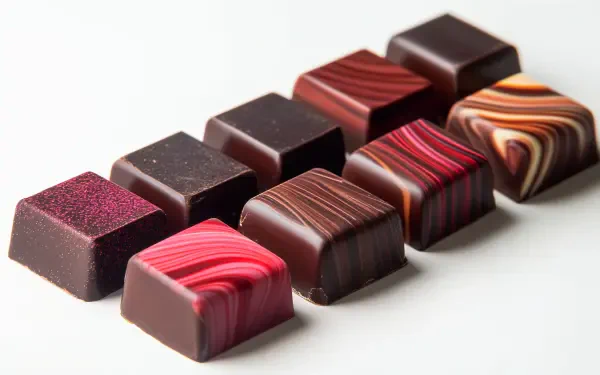 Artisanal chocolate pieces beautifully arranged, showcasing rich colors and textures. This 4K Ultra HD wallpaper captures the elegance of these handcrafted delights.