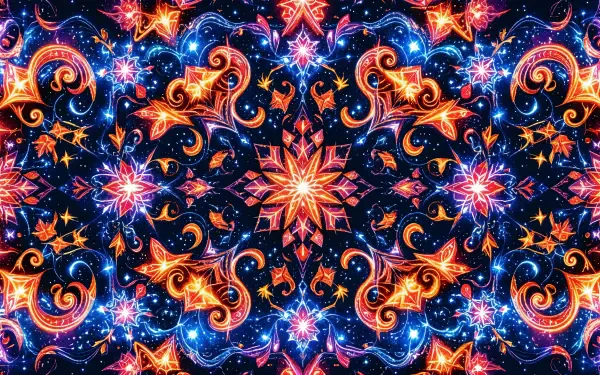 A vibrant festive pattern featuring intricate swirls, stars, and colorful geometric shapes against a deep blue background, designed as a 4K Ultra HD PC desktop wallpaper.