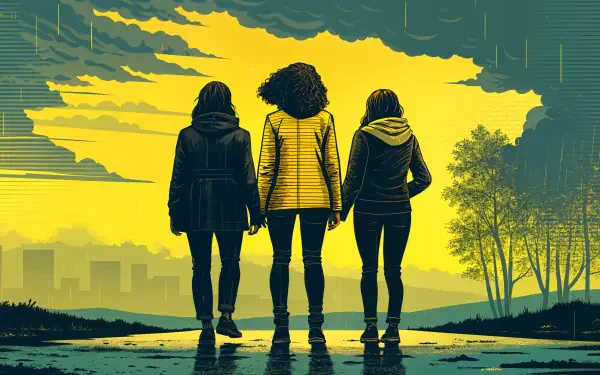 Three women stand together against a dramatic yellow and green backdrop, symbolizing sisterhood. This striking 4K Ultra HD wallpaper captures the essence of unity and friendship.
