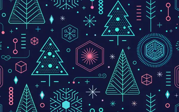 A vibrant festive pattern featuring stylized trees, snowflakes, and geometric shapes in bright colors against a dark background, designed as a 4K Ultra HD PC desktop wallpaper.