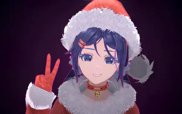 Anime-style character with blue hair in a Santa hat and red gloves, flashing a peace sign, featured in MiSide 4K Ultra HD PC desktop wallpaper and background.