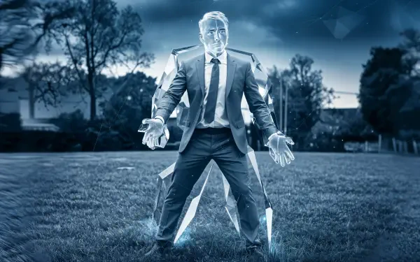 A surreal 4K Ultra HD desktop wallpaper featuring a man in a suit emerging from crystalline structures, set against a dramatic sky and lush green grass.