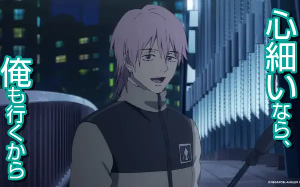 Anime-themed HD desktop wallpaper featuring a character with pink hair in an urban setting, conveying a sense of confidence and determination. Text in Japanese adds to the ambiance.