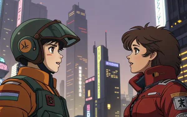 Two characters engage in a flirtatious exchange against a vibrant, futuristic city backdrop. This 4K Ultra HD desktop wallpaper captures an animated moment of connection.
