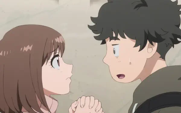 A heartfelt moment between two characters from the anime Negative Positive Angler, featuring a close-up of their hands clasped together, set against a soft background. HD desktop wallpaper.