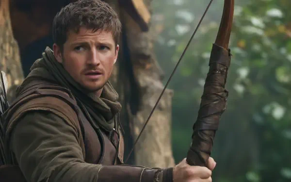 A dramatic HD wallpaper featuring Robin Hood, capturing the legendary figure with a bow in a lush, forested setting, conveying adventure and heroism.