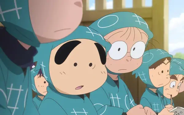 HD PC desktop wallpaper from the anime film Gekijouban Nintama Rantarou: Dokutake Ninja Tai Saikyou no Gunshi, featuring young ninja characters in blue outfits.