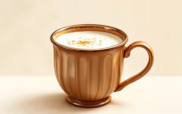 A creamy cup of eggnog in an elegant golden mug, set against a soft, neutral background, showcased in vibrant 4K Ultra HD quality for a stunning desktop wallpaper.
