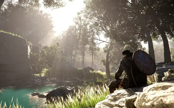A serene landscape from the video game Crimson Desert, showcasing a character resting by a tranquil stream, illuminated by warm sunlight filtering through the trees. 4K Ultra HD quality.