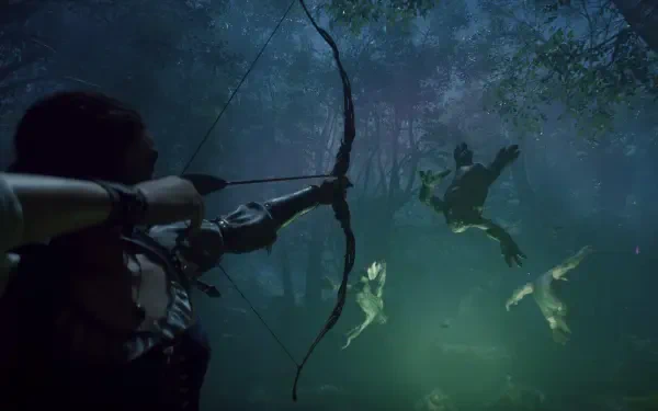 A character aims a bow in a mysterious forest, with ethereal creatures lurking in the background. This captivating HD image showcases the enchanting world of Fable (2025).