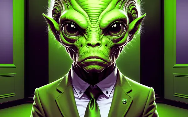 An alien diplomat in a green suit stands confidently against a vibrant background, showcasing a blend of intelligence and otherworldly charisma. A striking 4K Ultra HD desktop wallpaper.