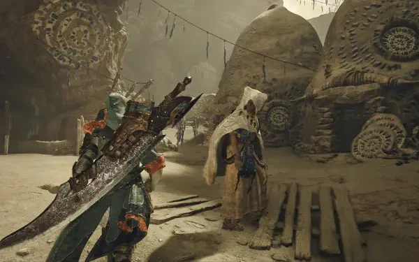 A scene from the video game Monster Hunter Wilds, featuring a character wielding a large sword in a dusty, atmospheric setting with unique structures in the background.