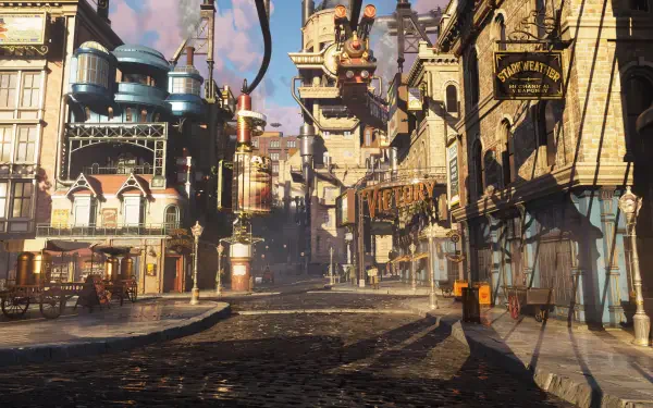 A vibrant 4K Ultra HD wallpaper featuring a steampunk-inspired cityscape from the video game Clockwork Revolution, showcasing detailed architecture and a surreal atmosphere.