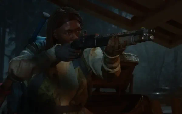 A character from State of Decay 3 aims a rifle in a dark, atmospheric setting, showcasing intense action. The image serves as a striking 4K Ultra HD PC desktop wallpaper.