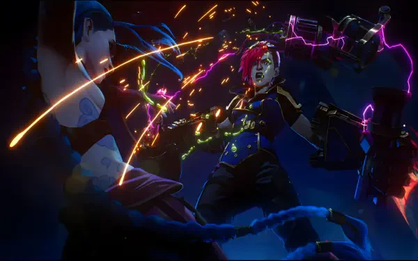 Dynamic scene from Arcane Season 2 featuring VI and Jinx from League of Legends, showcasing an intense confrontation with vibrant colors and energy effects.