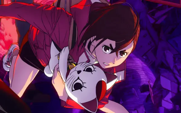 4K Ultra HD PC desktop wallpaper of Dandadan's Momo Ayase, crouched and clutching a stylized mask amid vibrant red and purple lighting, with a Turbo Granny energy.