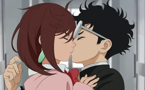 Anime HD wallpaper from Dandadan featuring Ken Takakura and Momo Ayase sharing a kiss, capturing an intimate moment between the characters.