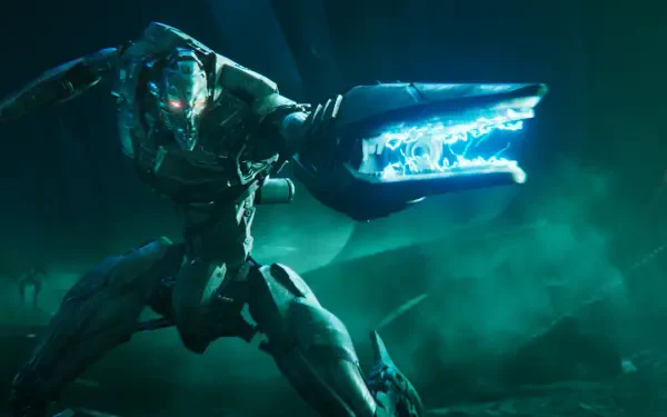 A dramatic HD wallpaper from the video game Exodus (2024), featuring a futuristic character wielding a glowing weapon in an atmospheric, dark setting.