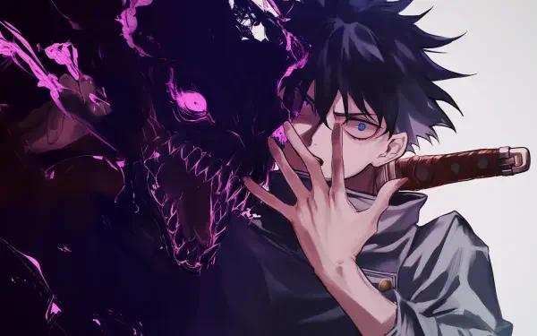 An HD desktop wallpaper featuring Yuta Okkotsu from Jujutsu Kaisen, showcasing him alongside a dark, monstrous figure with glowing pink eyes.
