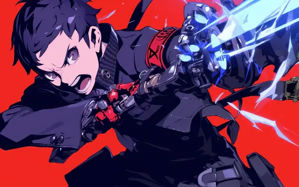HD PC desktop wallpaper featuring an anime boy from the Persona video game, dynamically wielding a glowing blue weapon against a vivid red background.