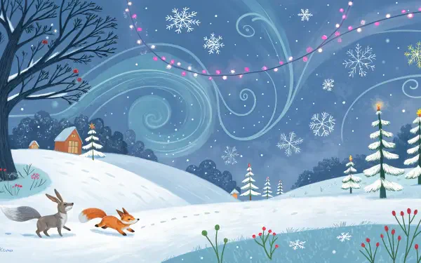 A serene snowstorm scene featuring a playful fox and a hare on a snowy landscape, adorned with twinkling lights and delicate snowflakes, captured in vibrant 4K Ultra HD.