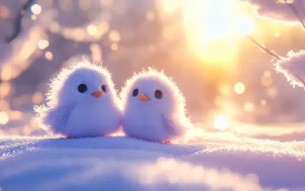 Two cute, fluffy birds nestled in soft snow, illuminated by warm sunlight, creating a charming winter scene. This image serves as a delightful 4K Ultra HD desktop wallpaper.