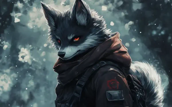 A striking HD wallpaper featuring an anthropomorphic wolf with intense red eyes, dressed in a dark outfit and scarf, set against a snowy background, showcasing artistic flair.