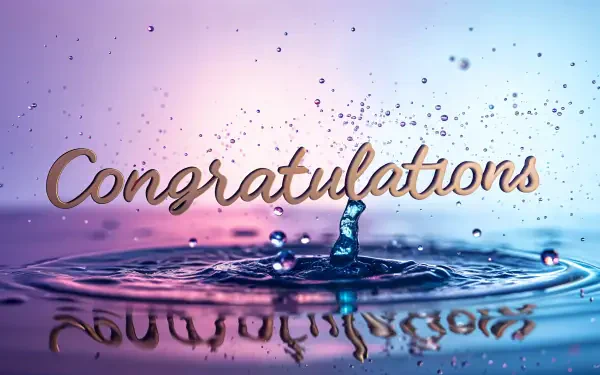 A vibrant 4K Ultra HD background featuring the word Congratulations amidst splashes of water, blending celebratory text with an artistic, colorful backdrop.