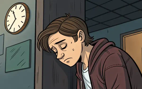 A tired young man leans against a wall, sweat on his brow, in a dimly lit room with a clock in the background. This image serves as a 4K Ultra HD PC desktop wallpaper.