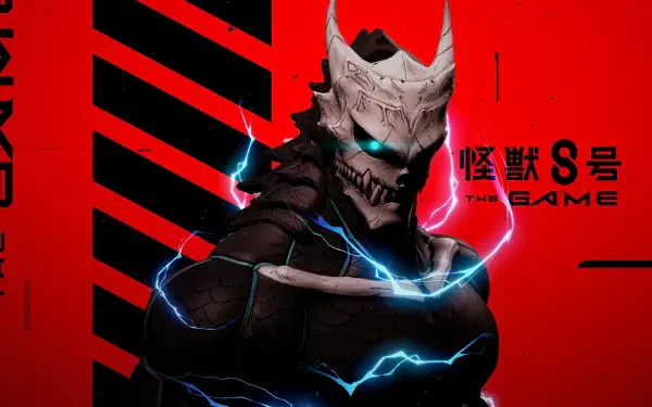 HD PC wallpaper of Kafka Hibino from Kaiju No. 8 in horned kaiju armor, glowing blue eyes and electric arcs against a bold red, black-striped video game–style background.