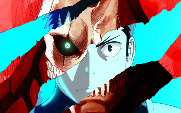 HD PC desktop wallpaper featuring Kafka Hibino from the anime Kaiju No. 8, showcasing a dynamic split-face design blending human and kaiju elements.