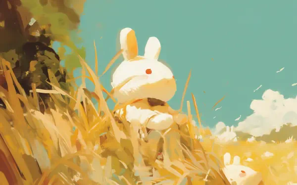 A cute Pochacco character sits amidst golden grass under a clear blue sky, showcasing a charming anime style. This HD wallpaper brings a delightful, kawaii touch to any desktop background.