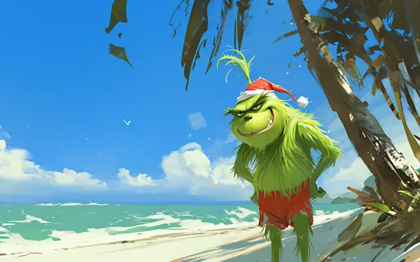 A vibrant anime-style image featuring the Grinch in a Santa hat and red shorts, standing on a sunny beach with palm trees and ocean waves in the background.