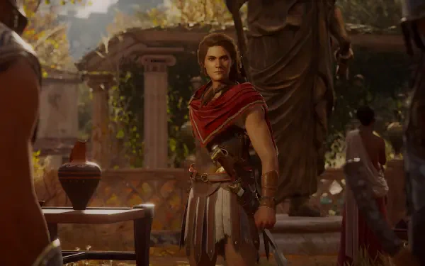 A scene from Assassin's Creed Odyssey featuring a character in a detailed setting, surrounded by ancient architecture and lush foliage, designed as a 4K Ultra HD desktop wallpaper.