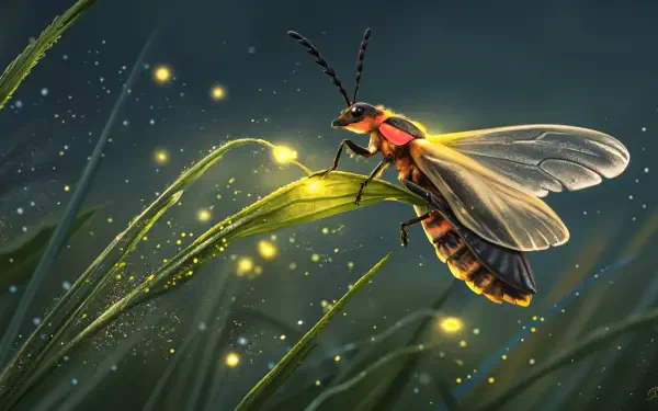 A vibrant firefly perched on a blade of grass, surrounded by glowing specks of light, captured in stunning detail for a 4K Ultra HD desktop wallpaper and background.