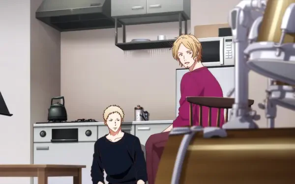 Anime scene from the Given movie featuring characters Hiiragi and Mix in a cozy kitchen setting. This high-definition image serves as a desktop wallpaper and background.