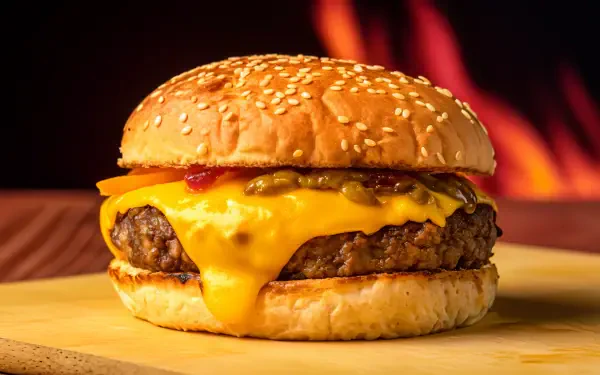 A juicy cheeseburger topped with melty cheddar cheese, ketchup, and pickles, set against a dramatic background of flames, featured as a 4K Ultra HD desktop wallpaper.