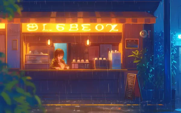 An anime-inspired coffee shop scene set during rain, illuminated by warm lights. This HD wallpaper captures a cozy, lofi atmosphere perfect for desktop backgrounds.