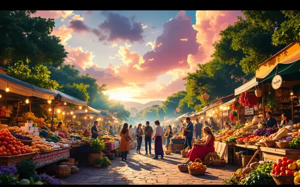 A vibrant farmers market scene at sunset, filled with colorful produce and bustling vendors under a beautiful sky. This image showcases the charm of community markets in stunning 4K Ultra HD.