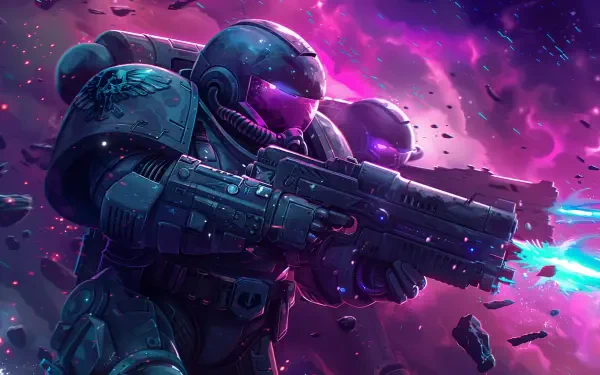 A vivid 4K Ultra HD wallpaper featuring a Space Marine in sci-fi armor, wielding a futuristic weapon against a cosmic background of colorful nebulae and shattered debris.