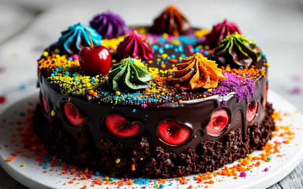 A vibrant black forest cake topped with multicolored cream swirls, cherries, and sprinkles, showcased in a stunning 4K Ultra HD desktop wallpaper. 