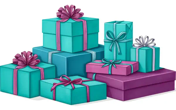 A vibrant collection of beautifully wrapped presents in shades of teal and purple, perfect for use as a 4K Ultra HD PC desktop wallpaper and background.