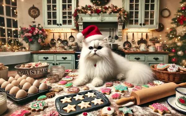 A fluffy white cat wearing a Santa hat sits among Christmas cookies and baking supplies in a festive kitchen, creating a charming holiday HD desktop wallpaper.
