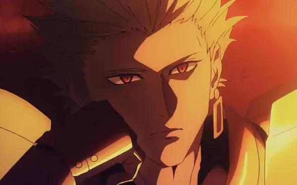 HD wallpaper featuring Gilgamesh from Fate/Strange Fake, illustrating his striking features and intense expression in a vibrant, warm color palette.