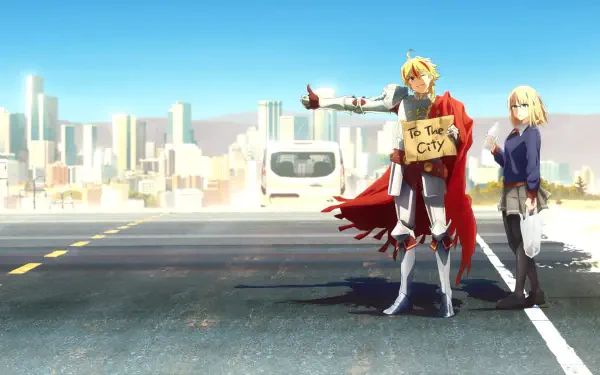 Anime scene from Fate/strange fake, featuring characters hitchhiking on a city road with a vibrant skyline in the background. High-definition desktop wallpaper.