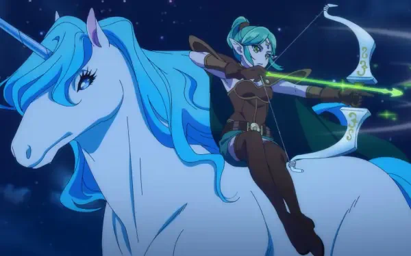 An anime-style archer rides a majestic unicorn, poised with a bow and glowing arrow, against a starry night background. A striking HD desktop wallpaper featuring fantasy elements.